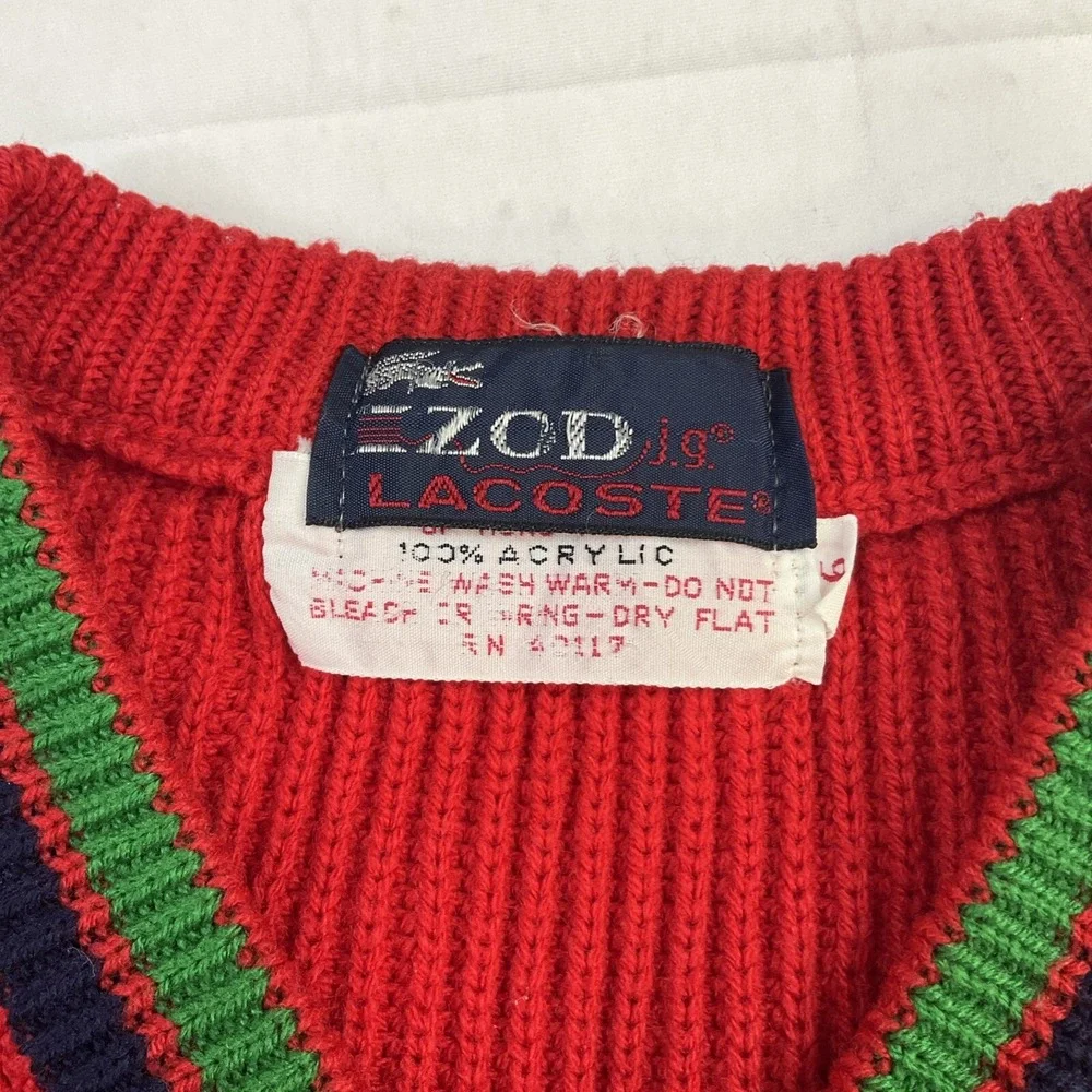Vintage 80s Izod Lacoste‎ Sweater Kids Sz 6 Red Cable Knit V-Neck Acrylic